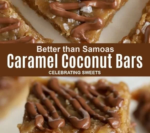 Delicious homemade Samoas Bars with chocolate, coconut, and caramel topping