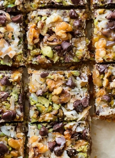 Delicious homemade Seven Layer Bars stacked on a plate