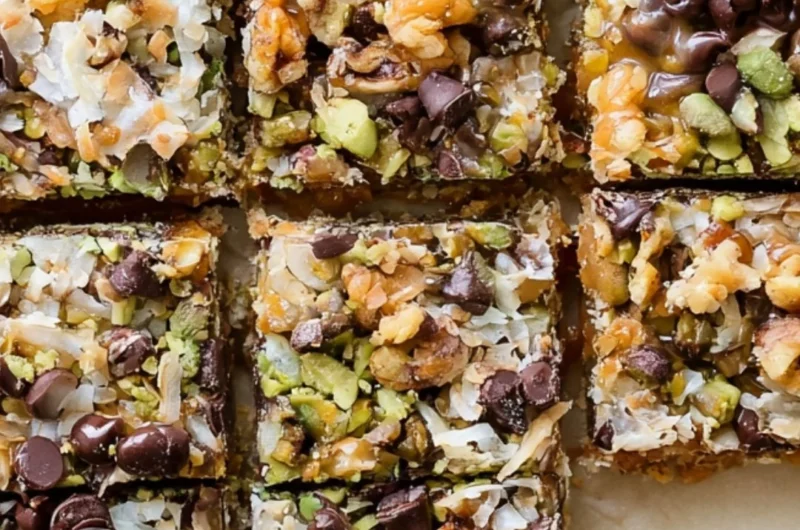 Delicious homemade Seven Layer Bars stacked on a plate