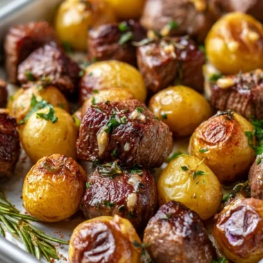 Sheet pan garlic butter steak bites with potatoes ready to serve