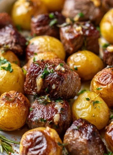 Sheet pan garlic butter steak bites with potatoes ready to serve