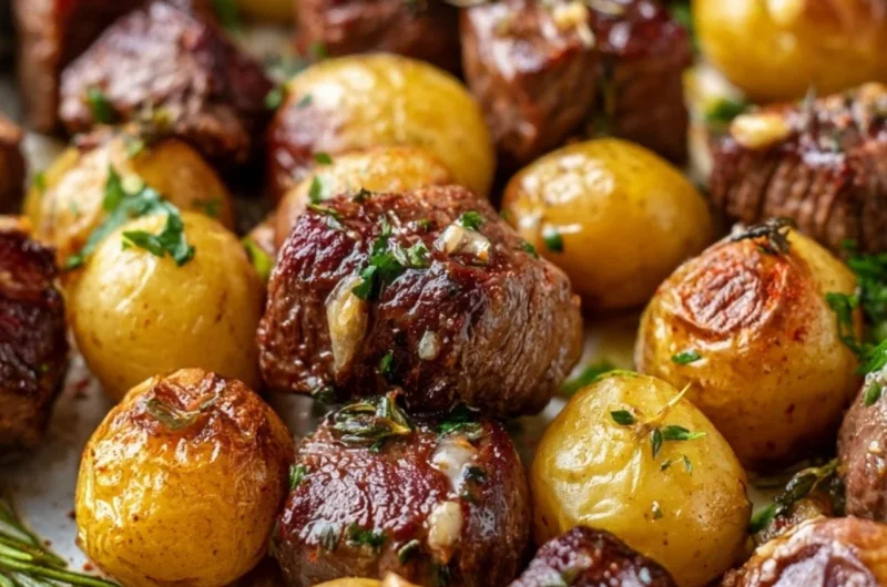 Sheet pan garlic butter steak bites with potatoes ready to serve