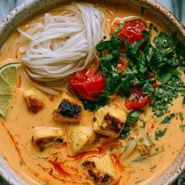Bowl of simple Thai chicken soup with fresh herbs and spices