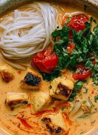 Bowl of simple Thai chicken soup with fresh herbs and spices