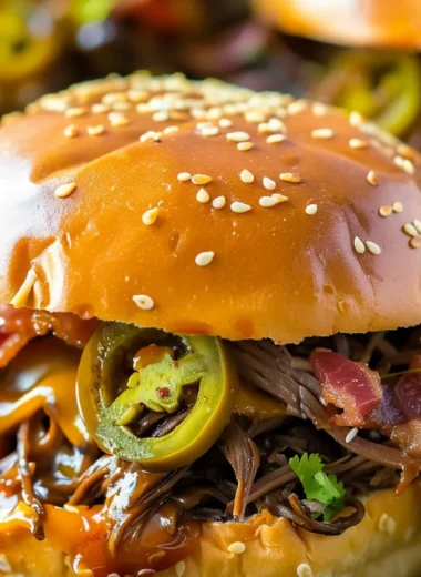 Slow cooker cowboy sandwiches piled high with savory ingredients