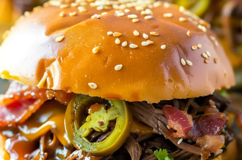 Slow cooker cowboy sandwiches piled high with savory ingredients