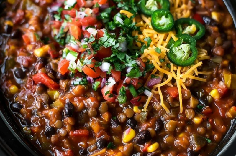 Bowl of slow cooker lentil taco chili topped with avocado and cilantro