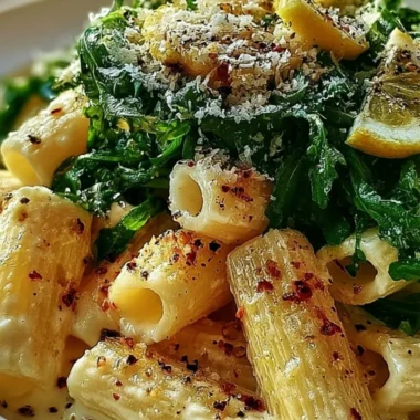 Plate of Stanley Tucci's creamy lemon ricotta pasta with arugula garnished with herbs