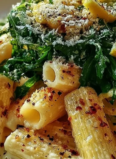 Plate of Stanley Tucci's creamy lemon ricotta pasta with arugula garnished with herbs