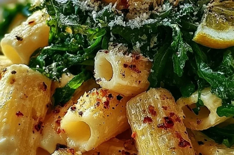 Plate of Stanley Tucci's creamy lemon ricotta pasta with arugula garnished with herbs