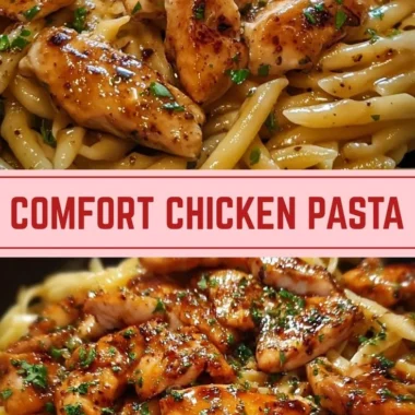 Plate of sticky smoky garlic butter chicken pasta garnished with fresh herbs