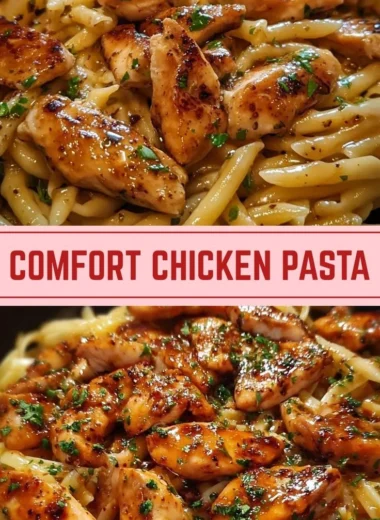 Plate of sticky smoky garlic butter chicken pasta garnished with fresh herbs