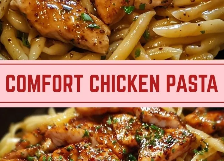 Plate of sticky smoky garlic butter chicken pasta garnished with fresh herbs