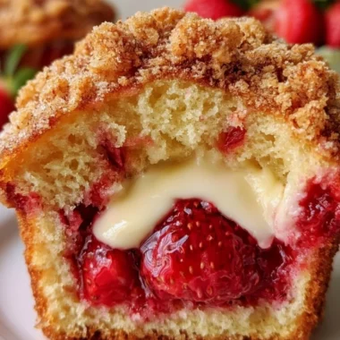 Freshly baked strawberry muffins with cream cheese filling on a wooden table