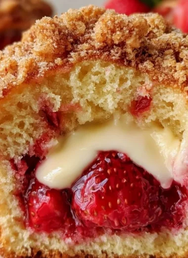 Freshly baked strawberry muffins with cream cheese filling on a wooden table