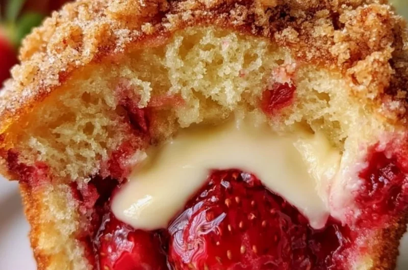 Freshly baked strawberry muffins with cream cheese filling on a wooden table
