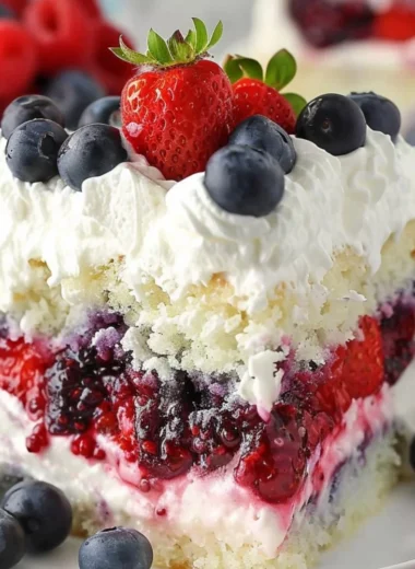Delicious Summer Berry Poke Cake topped with fresh berries and whipped cream