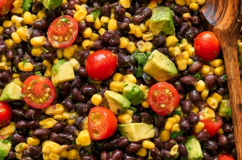 Vegan black bean salad in a bowl with colorful vegetables and herbs