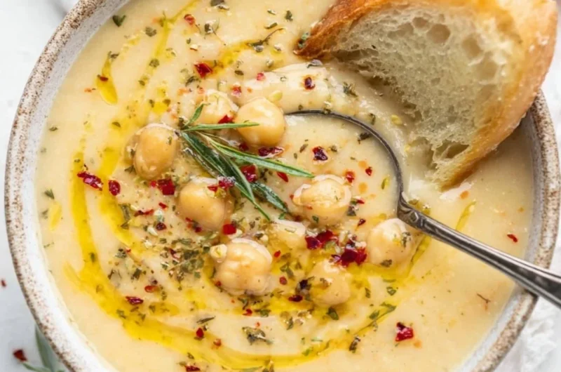 Bowl of Vegan Garlic Chickpea Soup garnished with herbs and spices