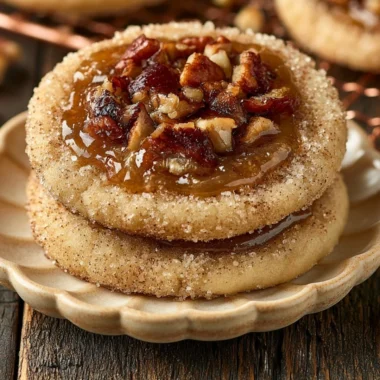 Delicious vegan pecan pie cookies on a plate with nuts and caramel drizzle