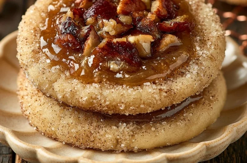 Delicious vegan pecan pie cookies on a plate with nuts and caramel drizzle