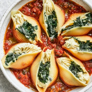 Baked Vegan Stuffed Shells with fresh herbs and tomato sauce