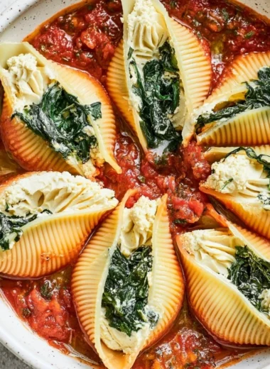 Baked Vegan Stuffed Shells with fresh herbs and tomato sauce
