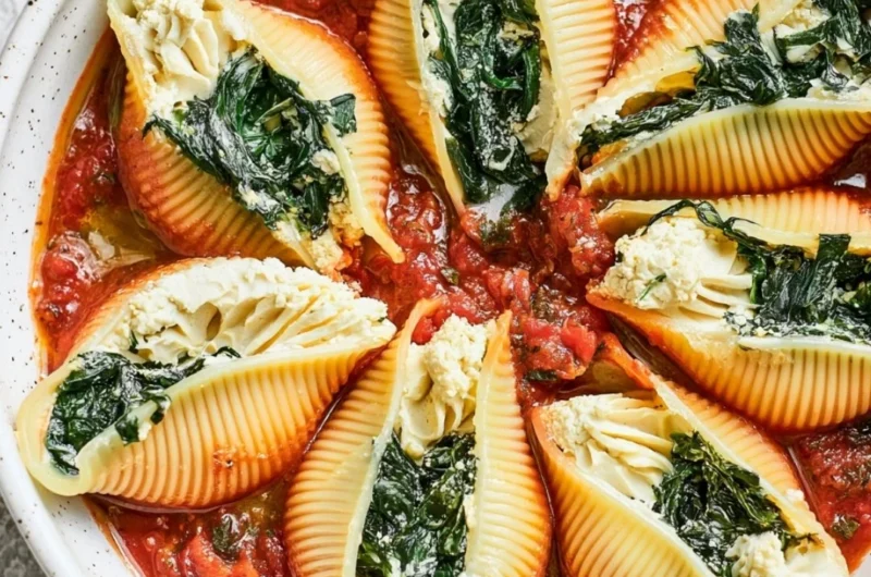 Baked Vegan Stuffed Shells with fresh herbs and tomato sauce
