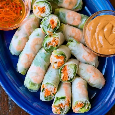 Freshly made Vietnamese Spring Rolls with colorful vegetables and herbs