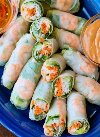 Freshly made Vietnamese Spring Rolls with colorful vegetables and herbs