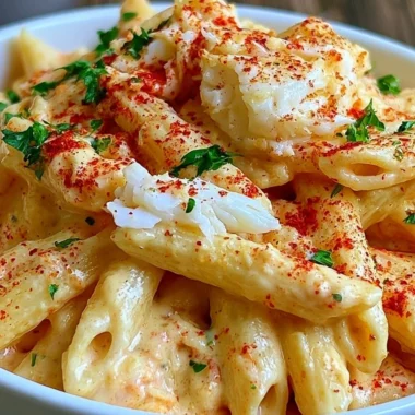 Cozy Cajun crab pasta garnished with herbs in a bowl