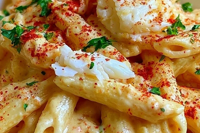 Cozy Cajun crab pasta garnished with herbs in a bowl