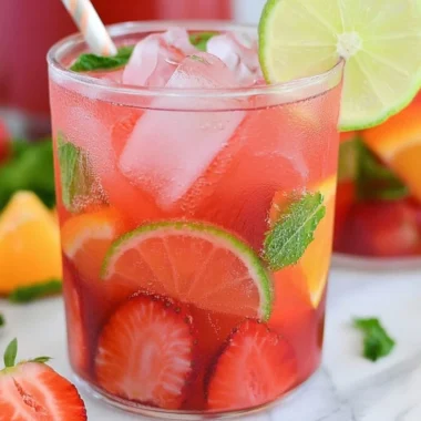 A refreshing glass of alcohol-free fruity sangria with colorful fruits.