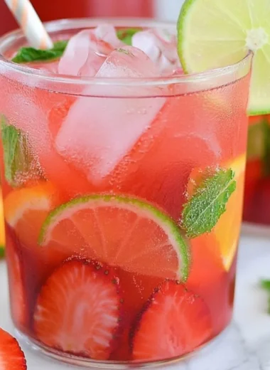 A refreshing glass of alcohol-free fruity sangria with colorful fruits.