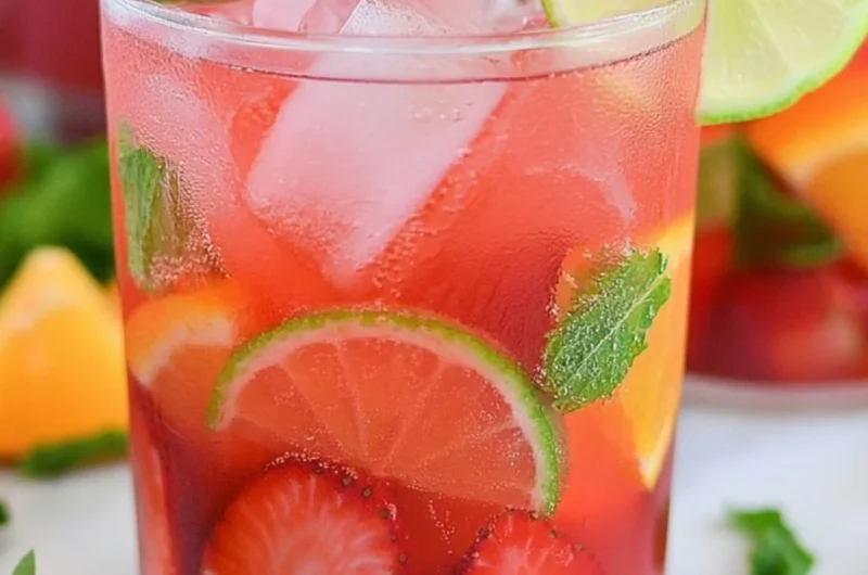 A refreshing glass of alcohol-free fruity sangria with colorful fruits.