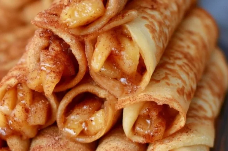 Delicious Apple Cinnamon Crepes topped with fresh apples and cinnamon.