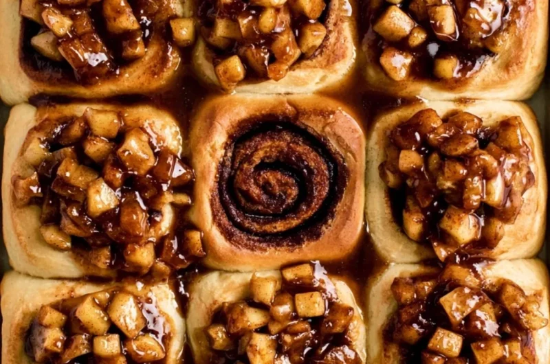 Apple pie cinnamon rolls drizzled with icing and cinnamon sugar
