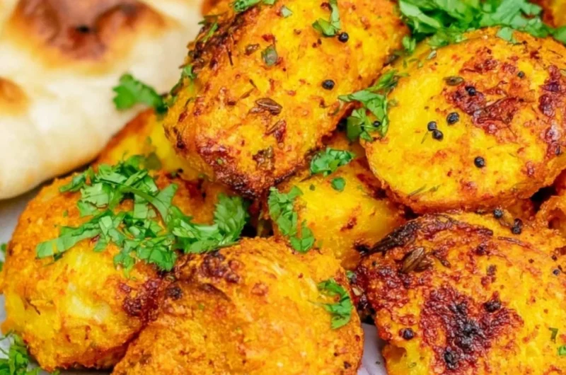 Plate of authentic Bombay Potatoes seasoned with spices and herbs