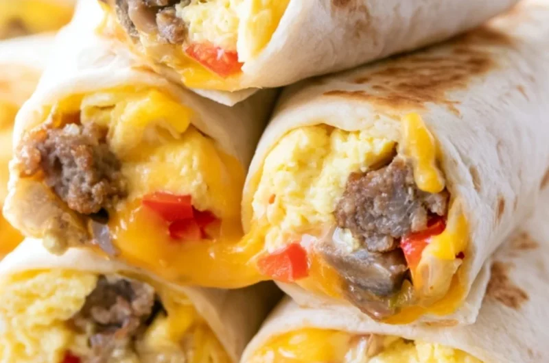 Tasty breakfast burritos with eggs, cheese, and salsa ready to enjoy