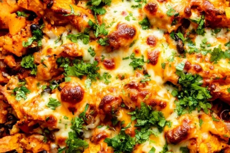 Butternut squash and black bean enchilada skillet topped with fresh cilantro