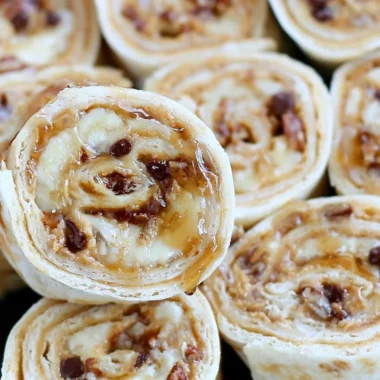 Delicious chocolate chip roll ups with peanut butter and banana filling