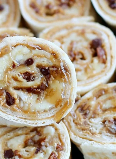 Delicious chocolate chip roll ups with peanut butter and banana filling