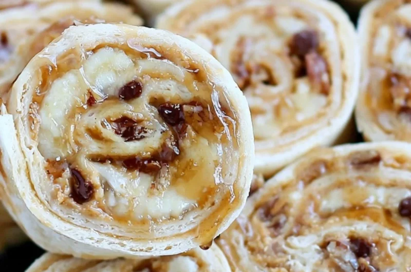 Delicious chocolate chip roll ups with peanut butter and banana filling