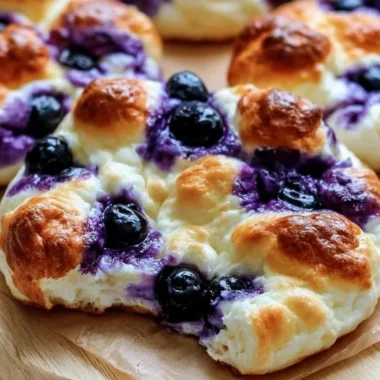 Fluffy cottage cheese blueberry cloud bread on a plate