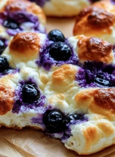 Fluffy cottage cheese blueberry cloud bread on a plate