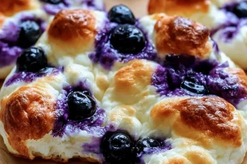 Fluffy cottage cheese blueberry cloud bread on a plate