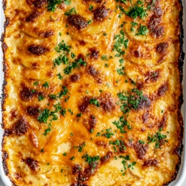 Deliciously creamy and cheesy cozy au gratin potatoes dish cooked to perfection.