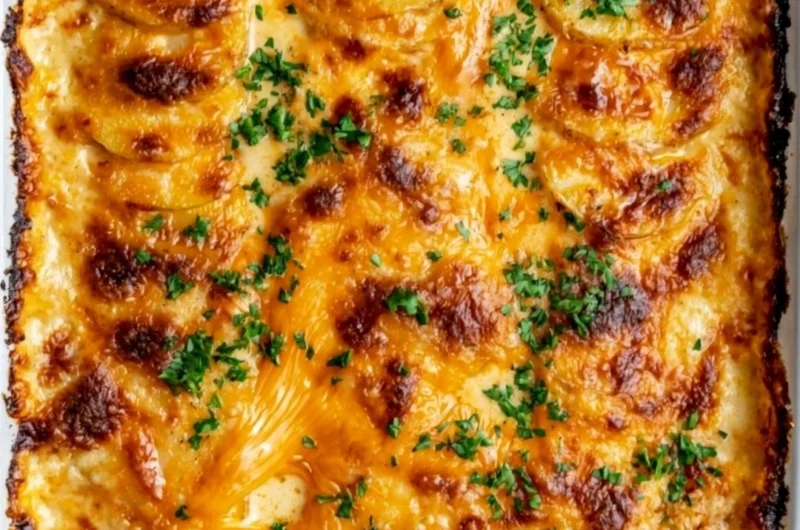 Deliciously creamy and cheesy cozy au gratin potatoes dish cooked to perfection.