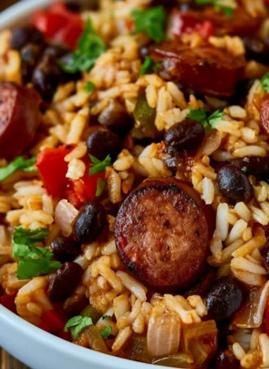 Cozy black beans and rice with sausage served in a bowl, garnished with herbs.