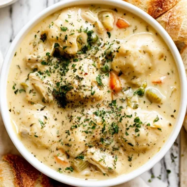 Bowl of cozy chicken dumpling soup with fluffy dumplings and vegetables